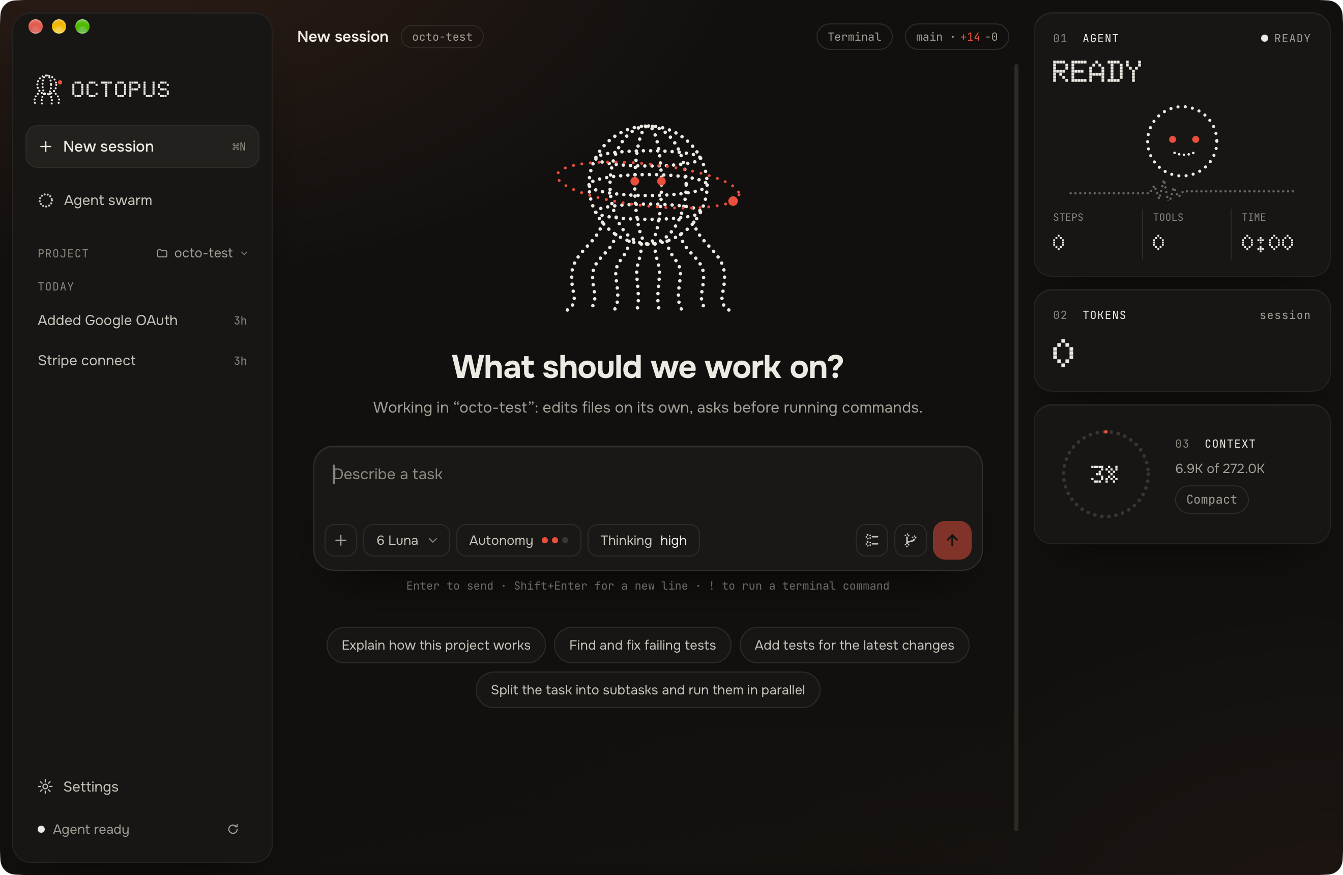 The Octopus AI window: a chat with the agent, tiles with agent status, tokens and context.